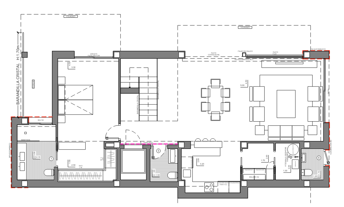 Detailed floor plan of the ground level featuring an open-concept living and dining area, kitchen with island, en-suite bedroom, and extensive terrace space.