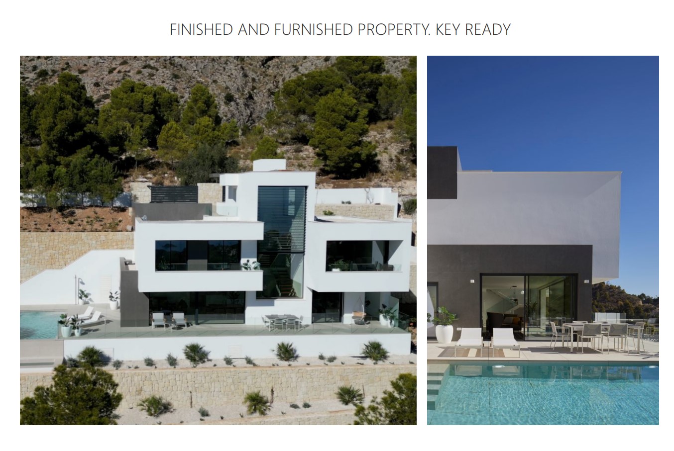 Modern three-story villa featuring a geometric facade, infinity pool, and expansive terraces integrated into the Sierra de Altea hillside.
