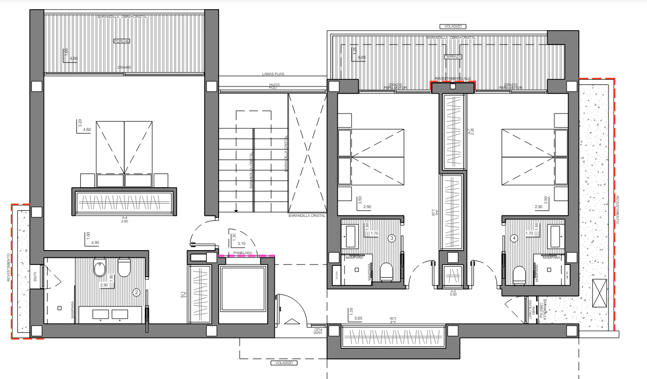 Technical floor plan of the middle level showing three bedrooms with en-suite bathrooms, built-in storage, a central elevator, and access to private outdoor terraces.
