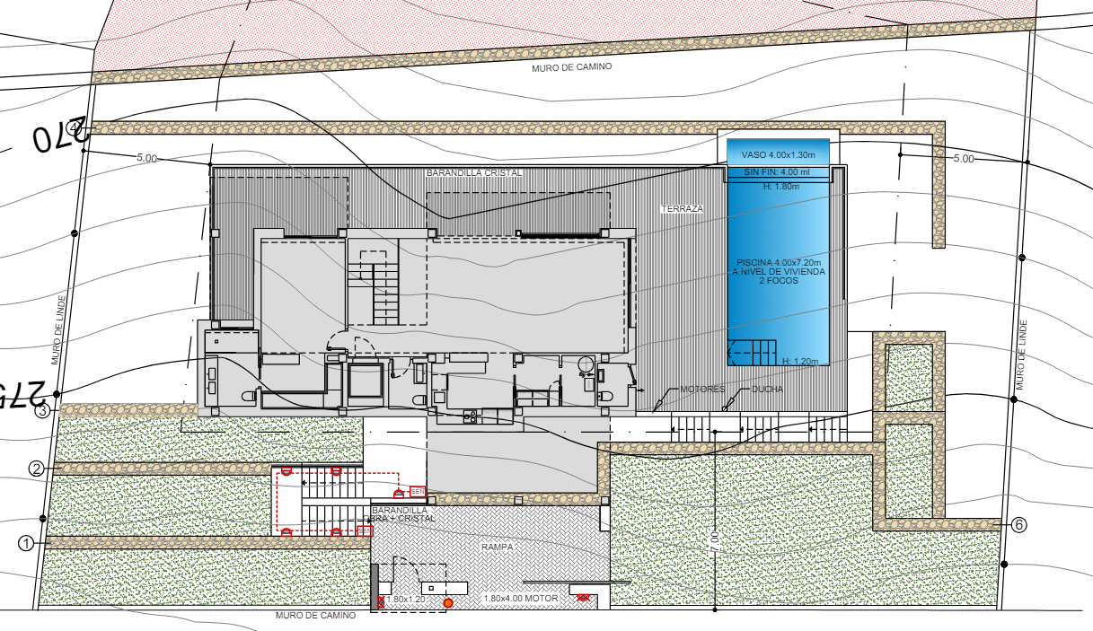 Technical floor plan showing the interior layout, expansive terrace, and the 4x7.20m infinity pool integrated with the villa's main living level.