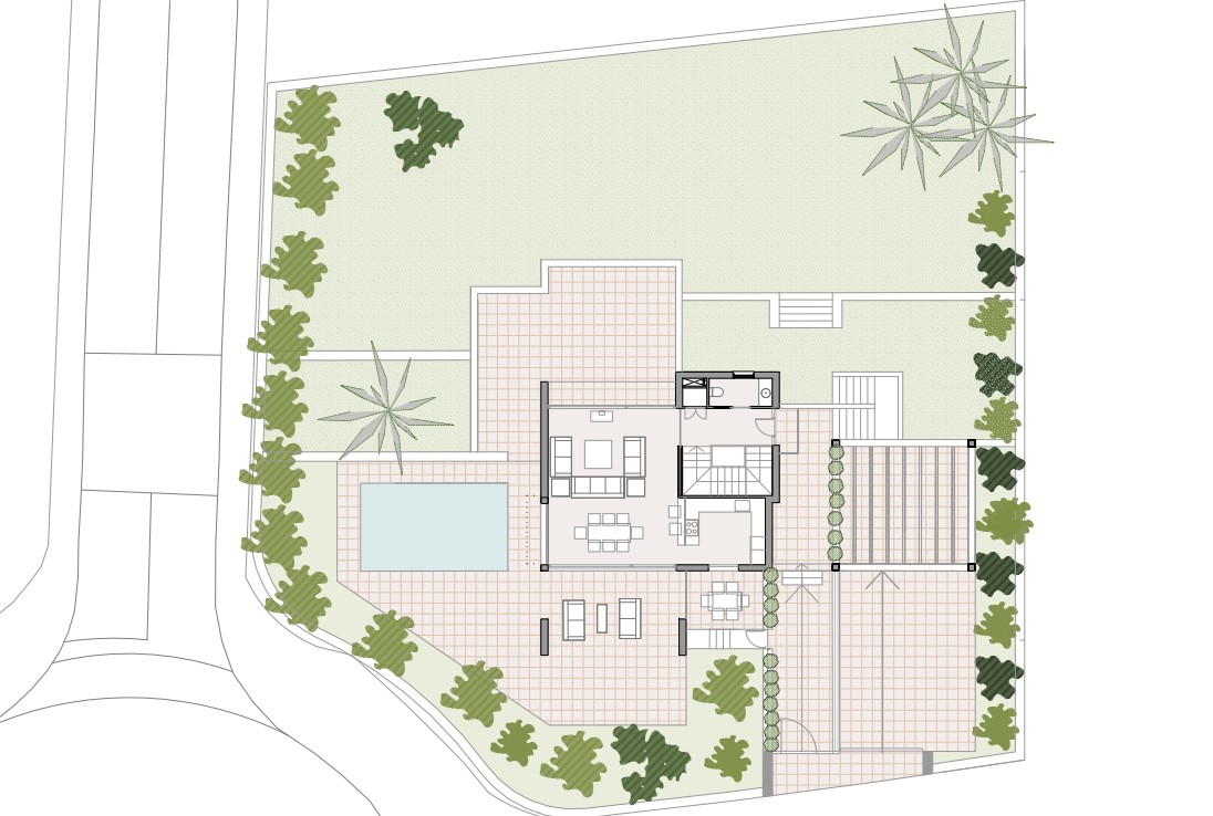 Detailed site plan illustrating the ground floor layout, private swimming pool, expansive terraced areas, and the designated parking space with a pergola.