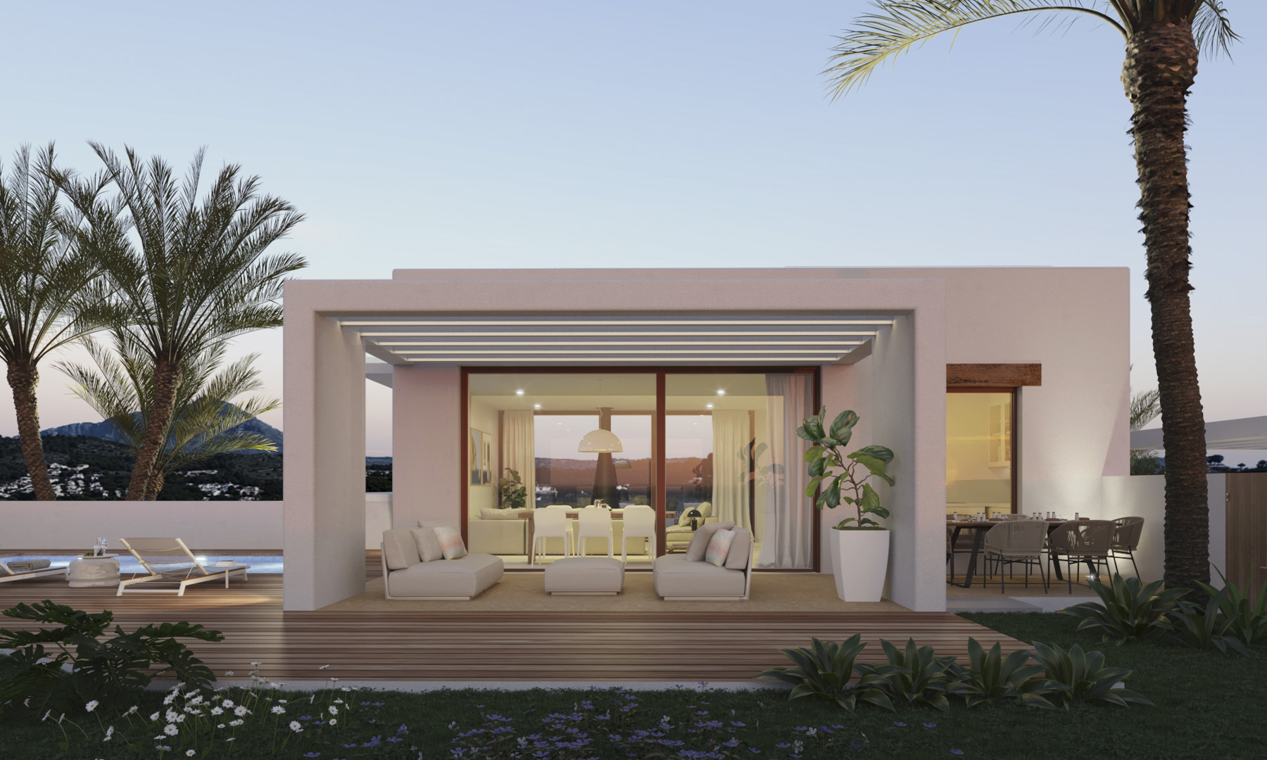 Ibizan-style white facade featuring a covered terrace with wooden decking and Montgó views. The exterior includes a lounge area, outdoor dining, and a pool.