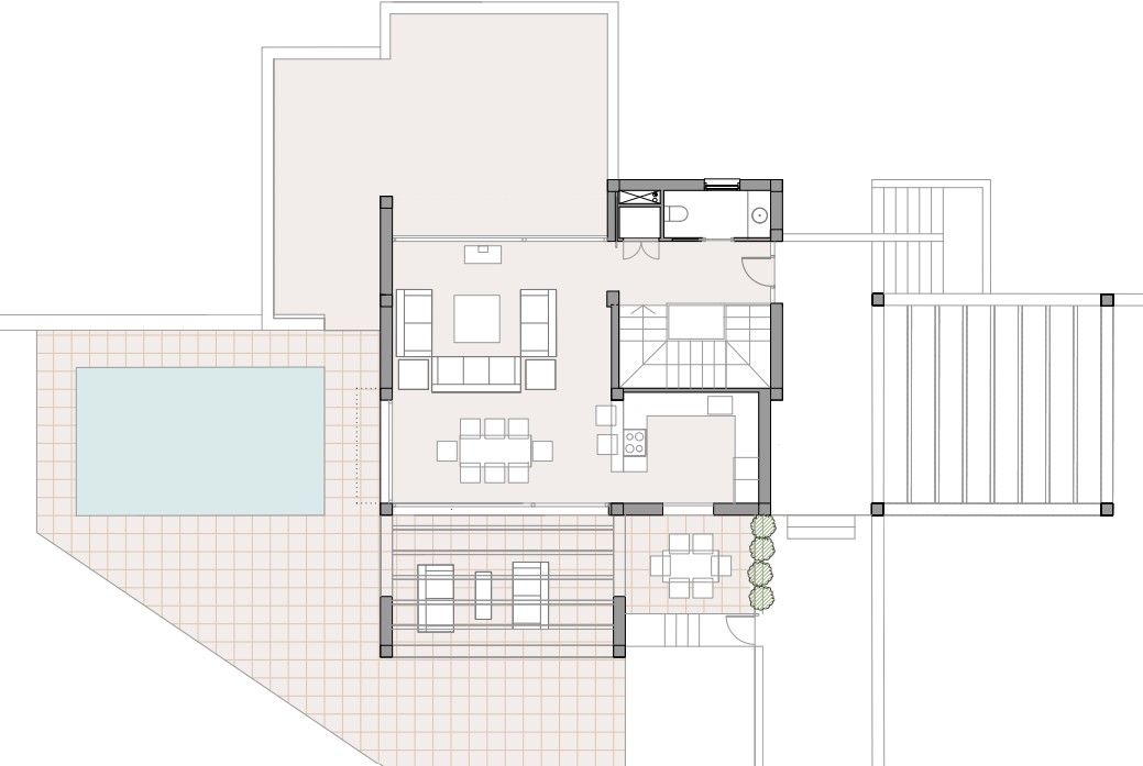 Technical floor plan of the ground level showing the open-plan living area, kitchen, and the outdoor layout including the pool, terrace, and pergola.