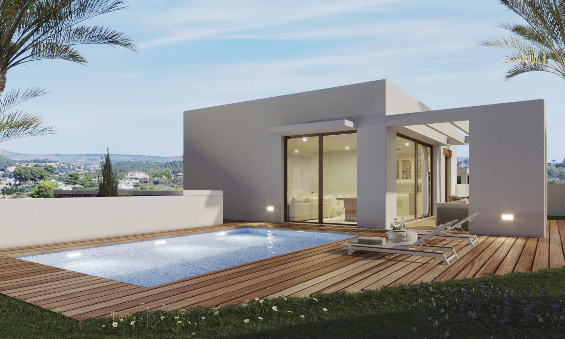Villa exterior featuring a blue mosaic pool, extensive wooden decking, and large sliding glass doors connecting the interior living space with the landscape.
