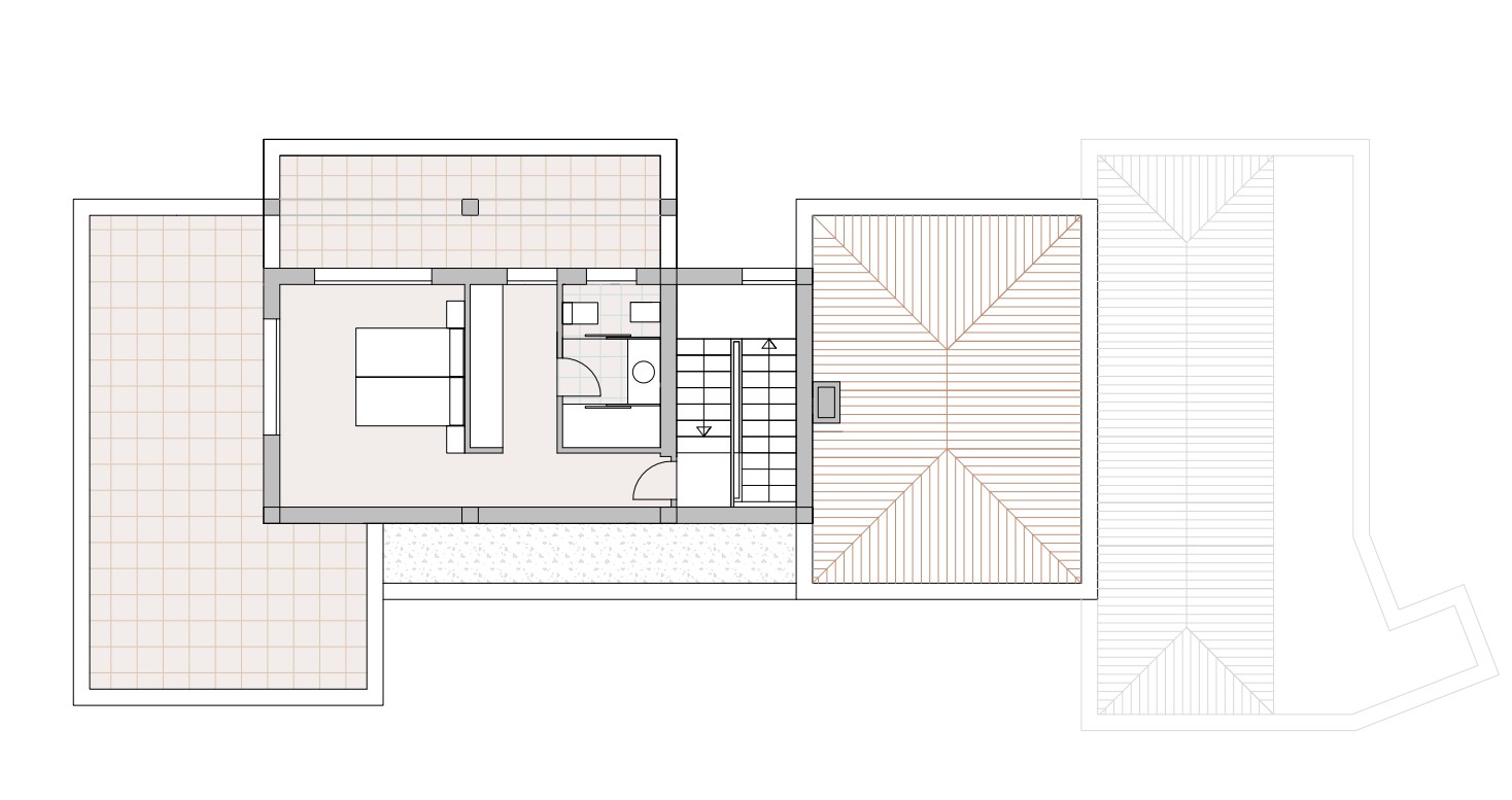 Detailed floor plan of the upper level featuring the master bedroom with en-suite bathroom, walk-in closet, and two expansive private terraces.