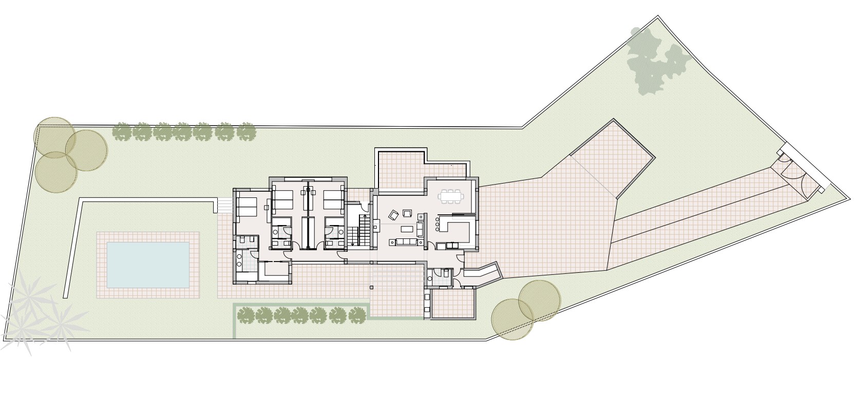 Detailed ground floor and site plan illustrating the layout of three en-suite bedrooms, open-plan living area, swimming pool, and the extensive driveway.