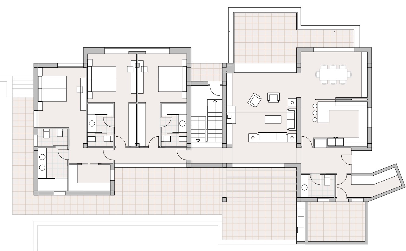 Detailed ground floor plan illustrating the open-plan living and dining area, integrated kitchen, three en-suite bedrooms, and expansive surrounding terrace spaces.