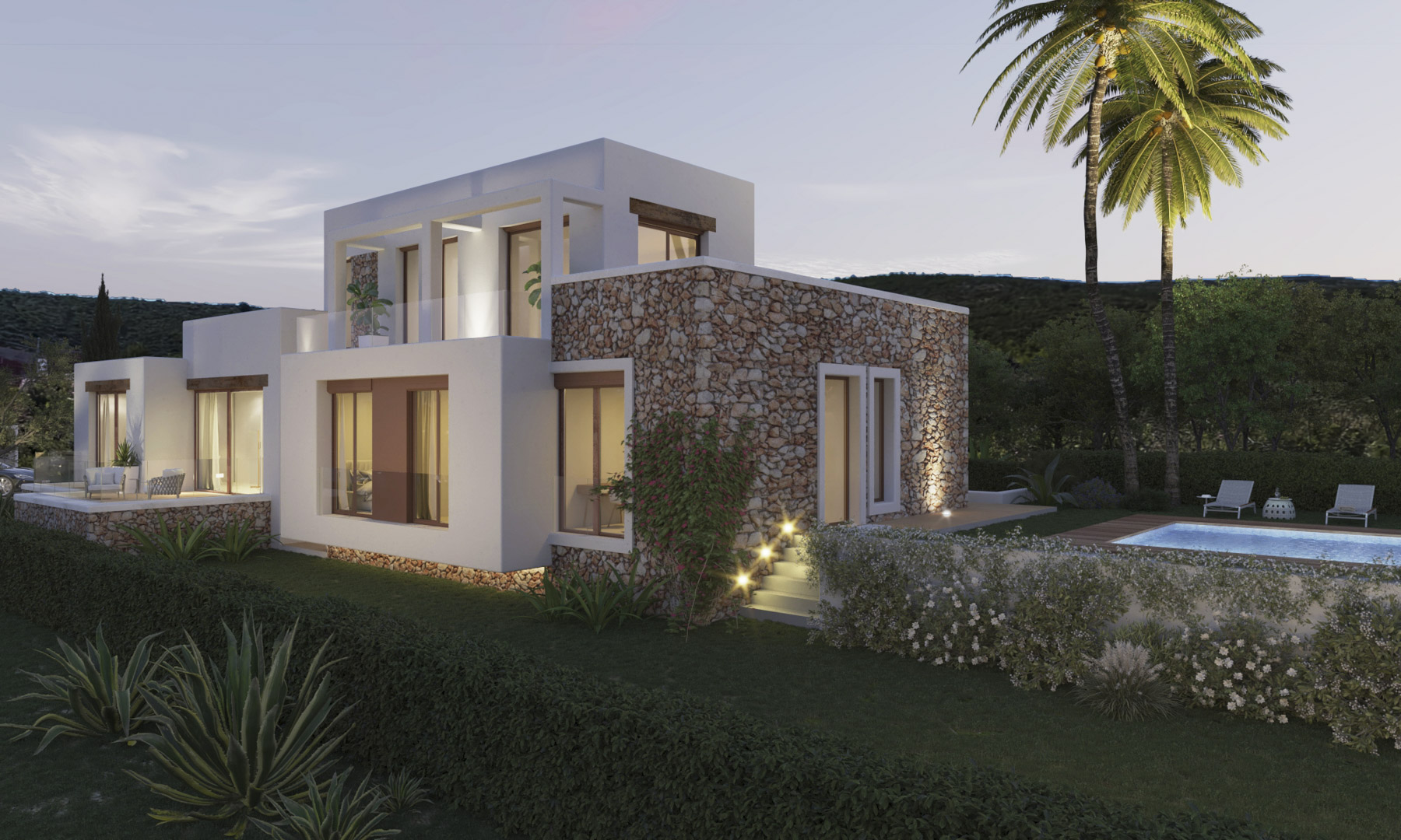 Ibizan-style exterior featuring natural stone walls, white plaster finishes, large wooden-framed windows, and a swimming pool set within a landscaped Mediterranean garden.