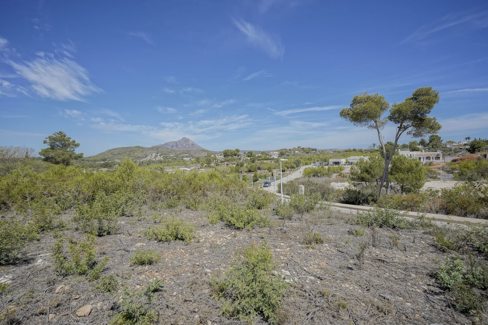 Panoramic view from the plot towards the Montgó mountain, featuring native Mediterranean vegetation and clear blue skies in the Valsol area of Jávea.