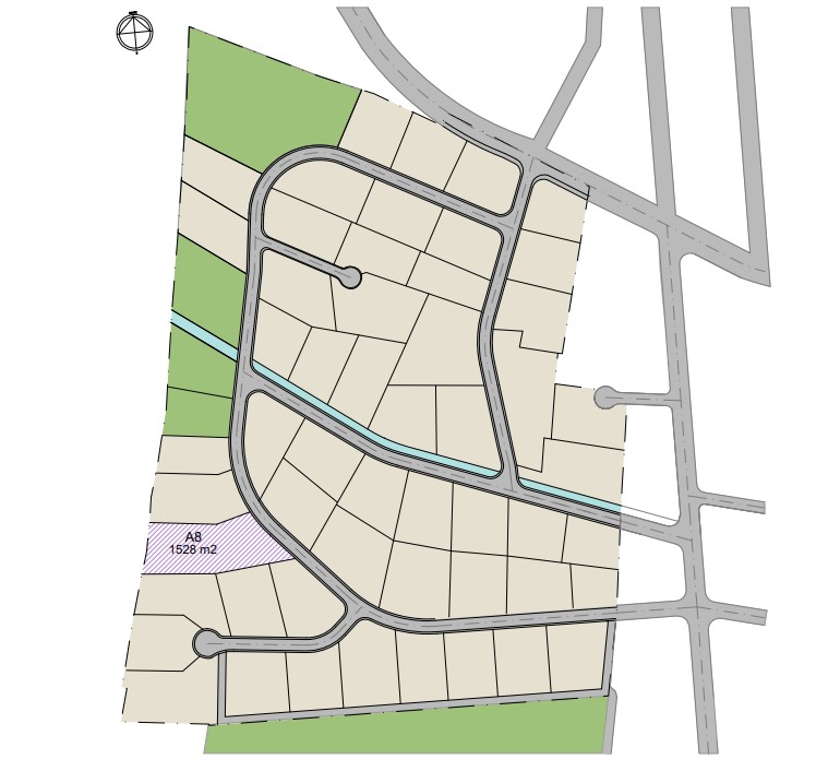 Site plan showing the location of plot A8, measuring 1528 m2, within a structured residential development featuring paved access roads and green spaces.