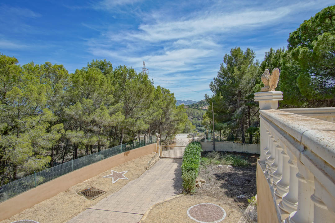 Gated entrance and paved driveway featuring decorative stone elements, bordered by mature pine trees and a classic stone balustrade with eagle sculptures.