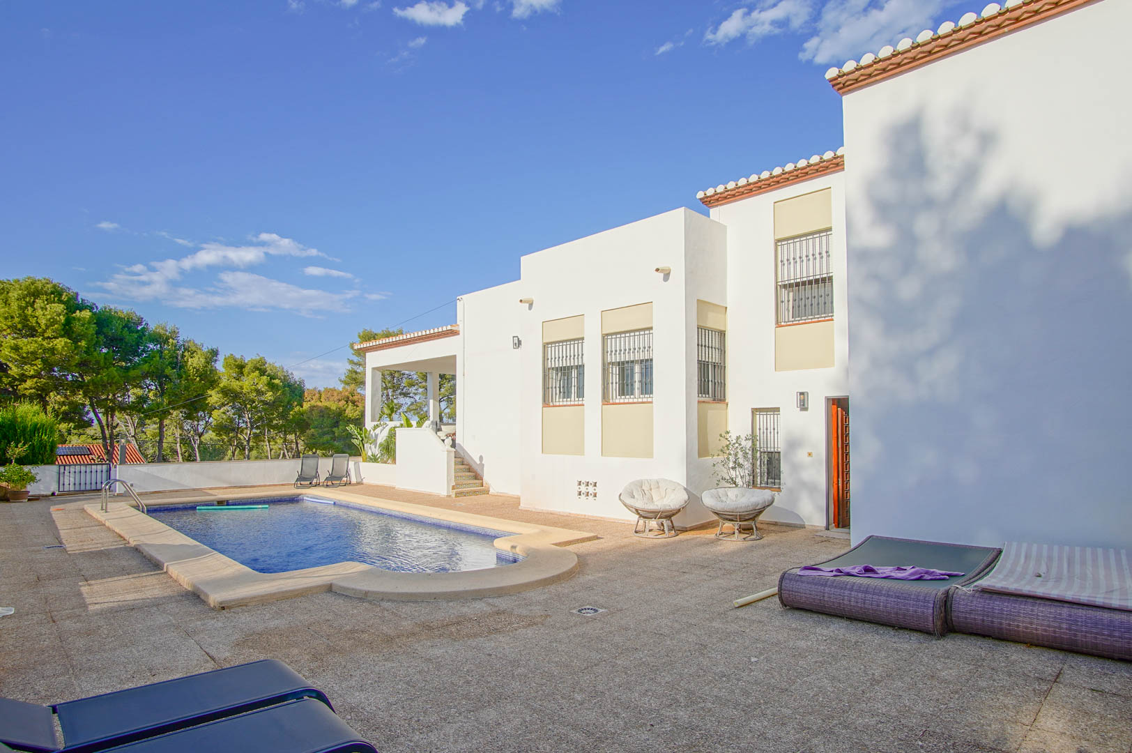Exterior view of the white-facade villa featuring a private swimming pool and a spacious paved terrace area set against a backdrop of mature pine trees.