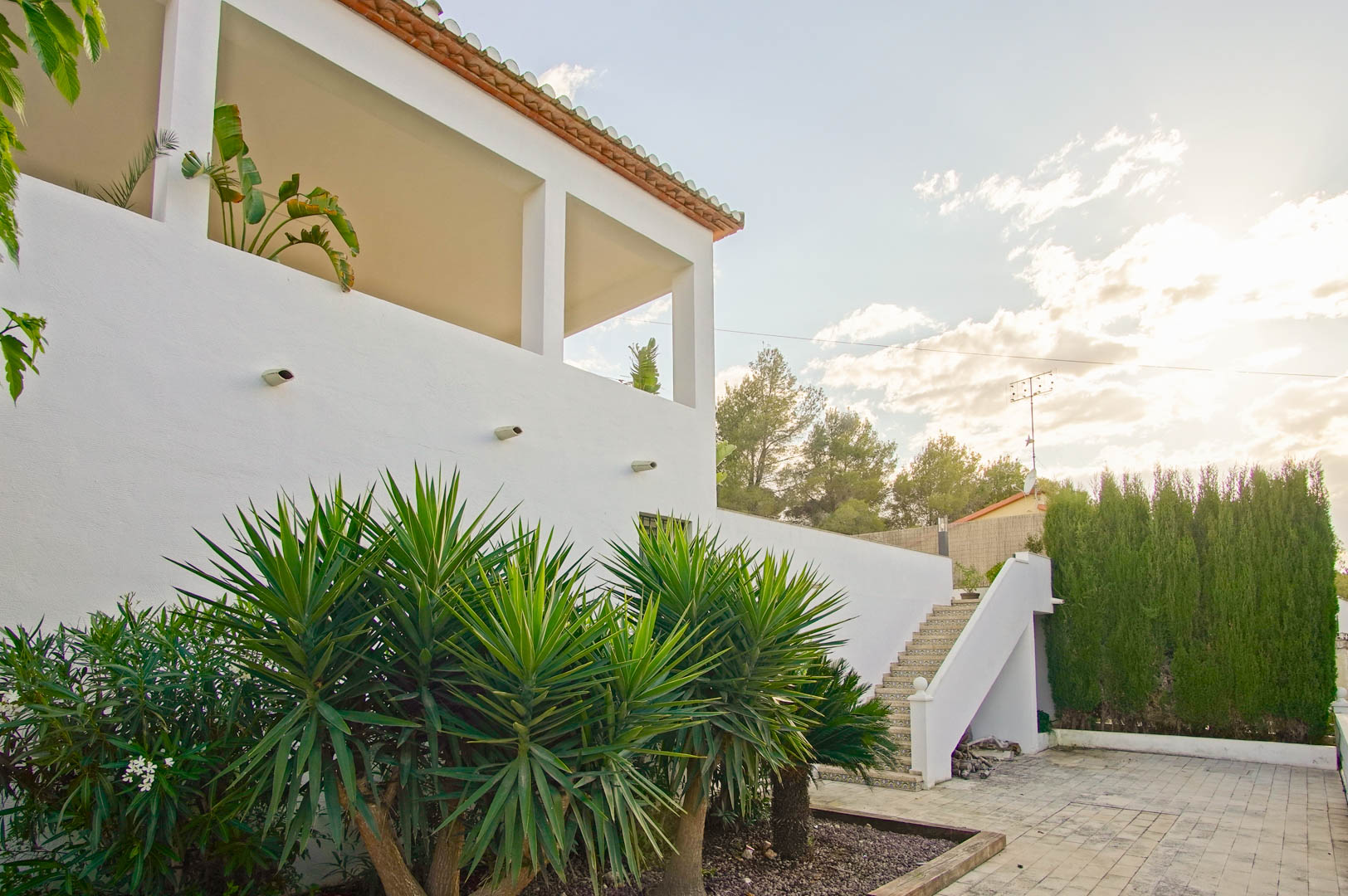 White Mediterranean facade featuring a covered terrace with square pillars and terracotta roof. The exterior area includes a tiled staircase and mature yucca plants.