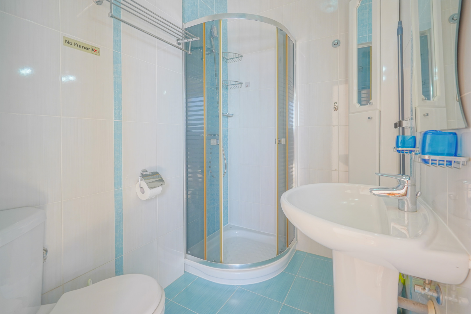 Functional bathroom featuring white and blue tiling, a curved corner shower enclosure, and a classic white pedestal washbasin.