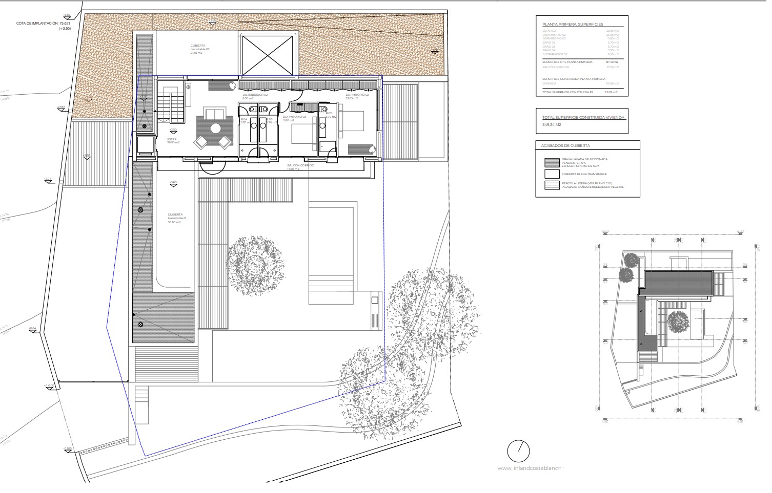 Architectural floor plan of the first floor, showcasing the layout of rooms and outdoor areas.