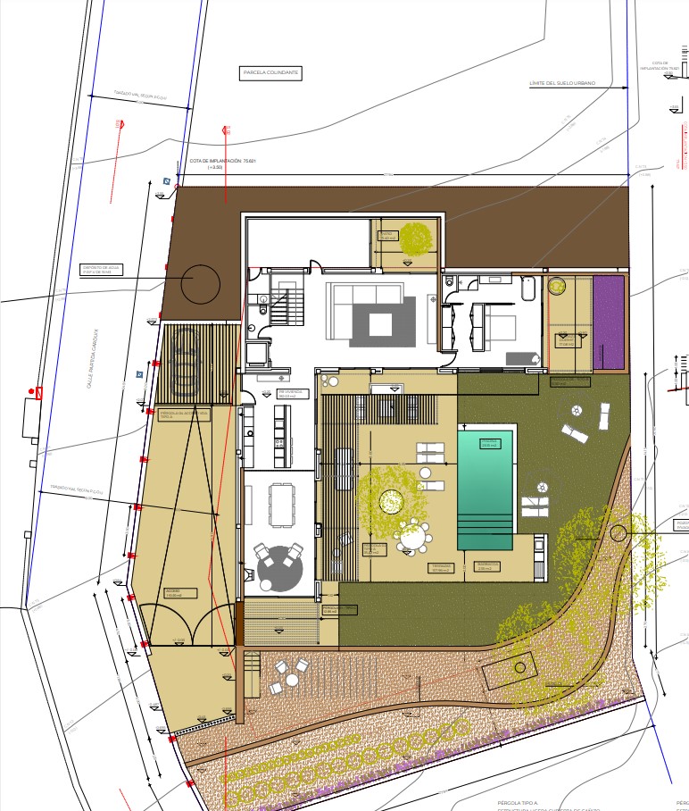 Architectural plan of villa with pool, terraces, and gardens on a 1079 m2 plot.