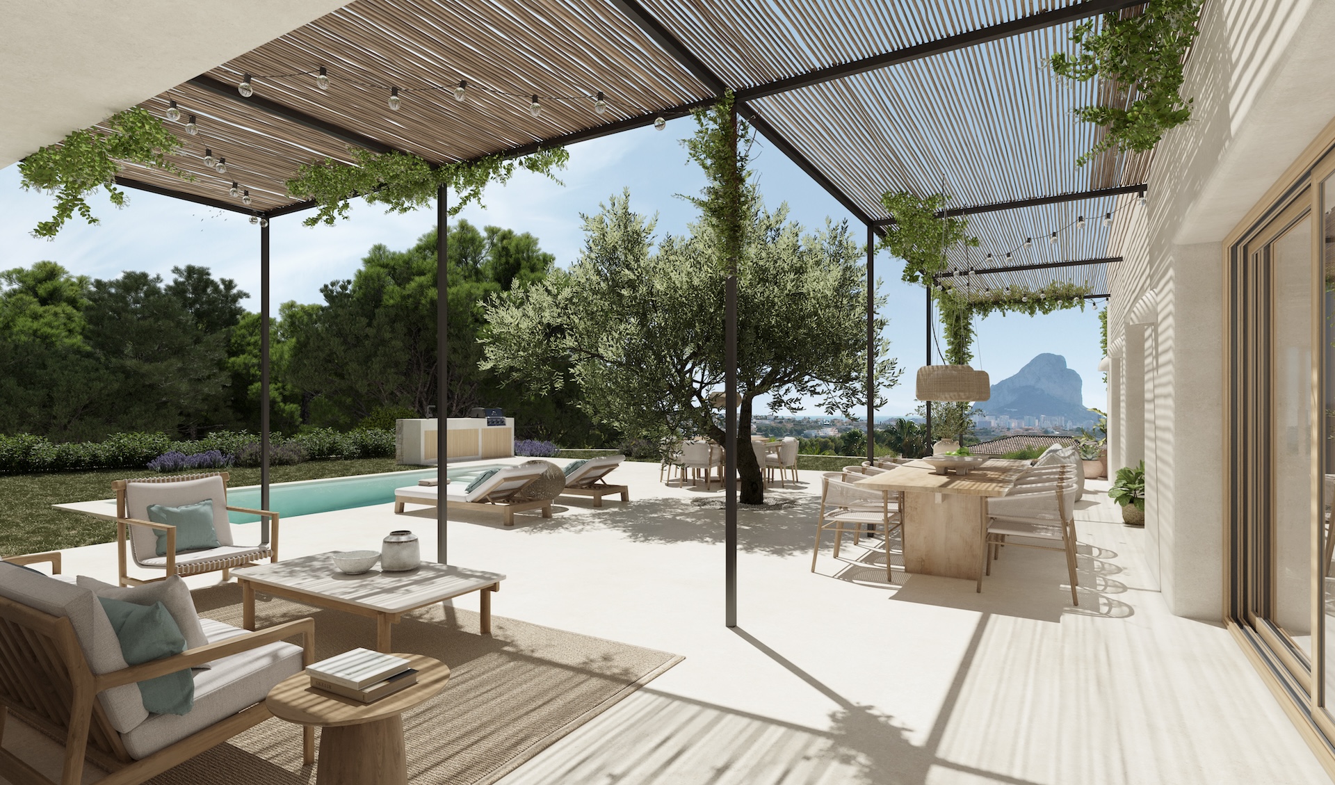 Covered terrace with pool and Peñón de Ifach views. Features outdoor furniture and a pergola with greenery.