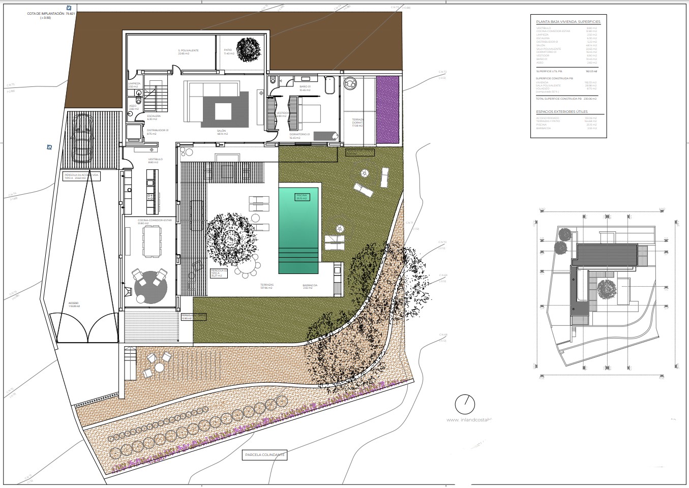 Detailed architectural plan of a villa featuring a pool, terrace, and Mediterranean garden.