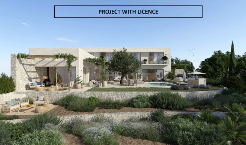 Exterior view of villa featuring terraces, pool, and sloping Mediterranean gardens.