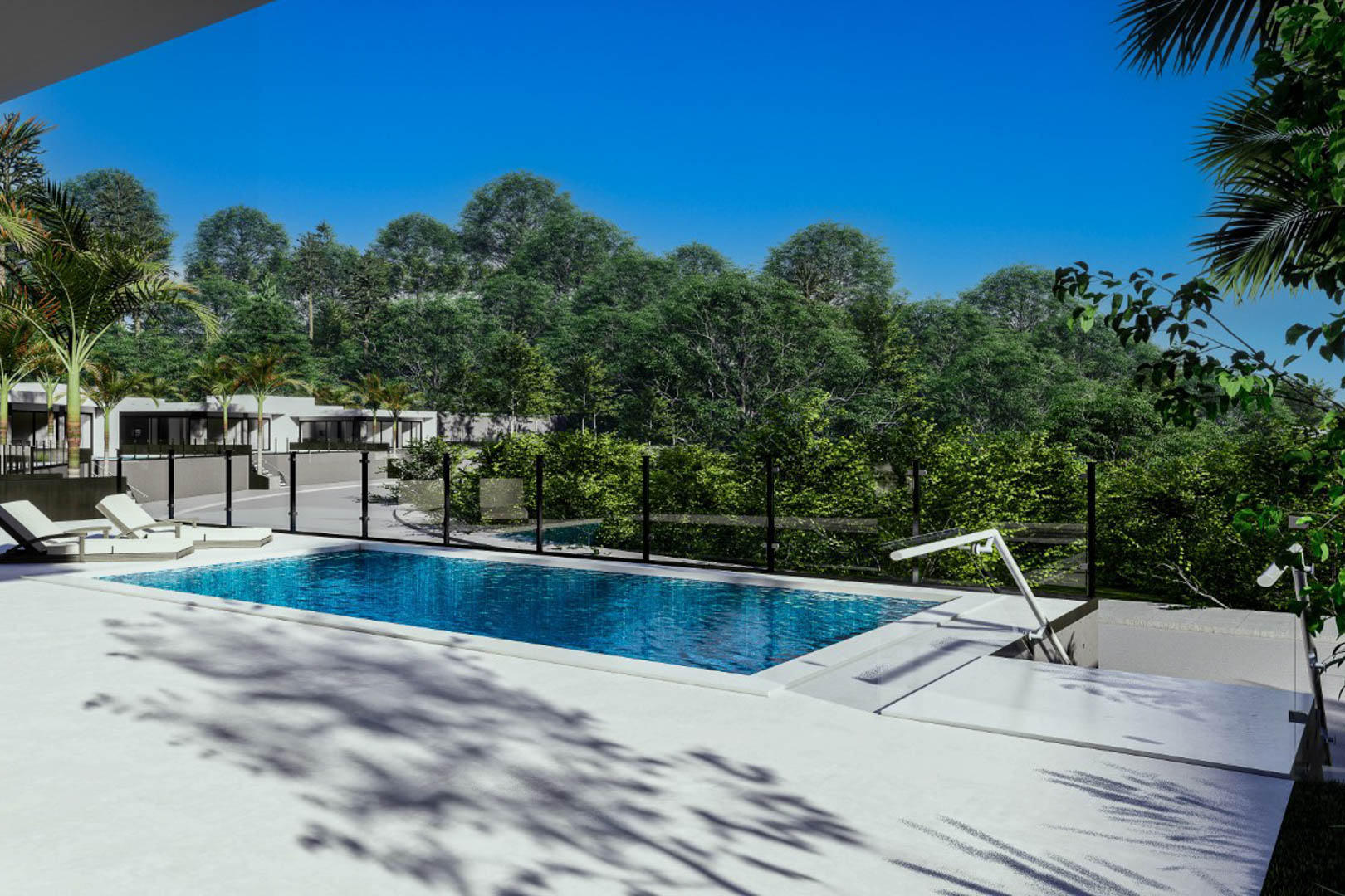 A 6x3m rectangular pool set in a white tiled terrace with sun loungers, featuring minimalist glass railings and views of the surrounding Mediterranean forest.