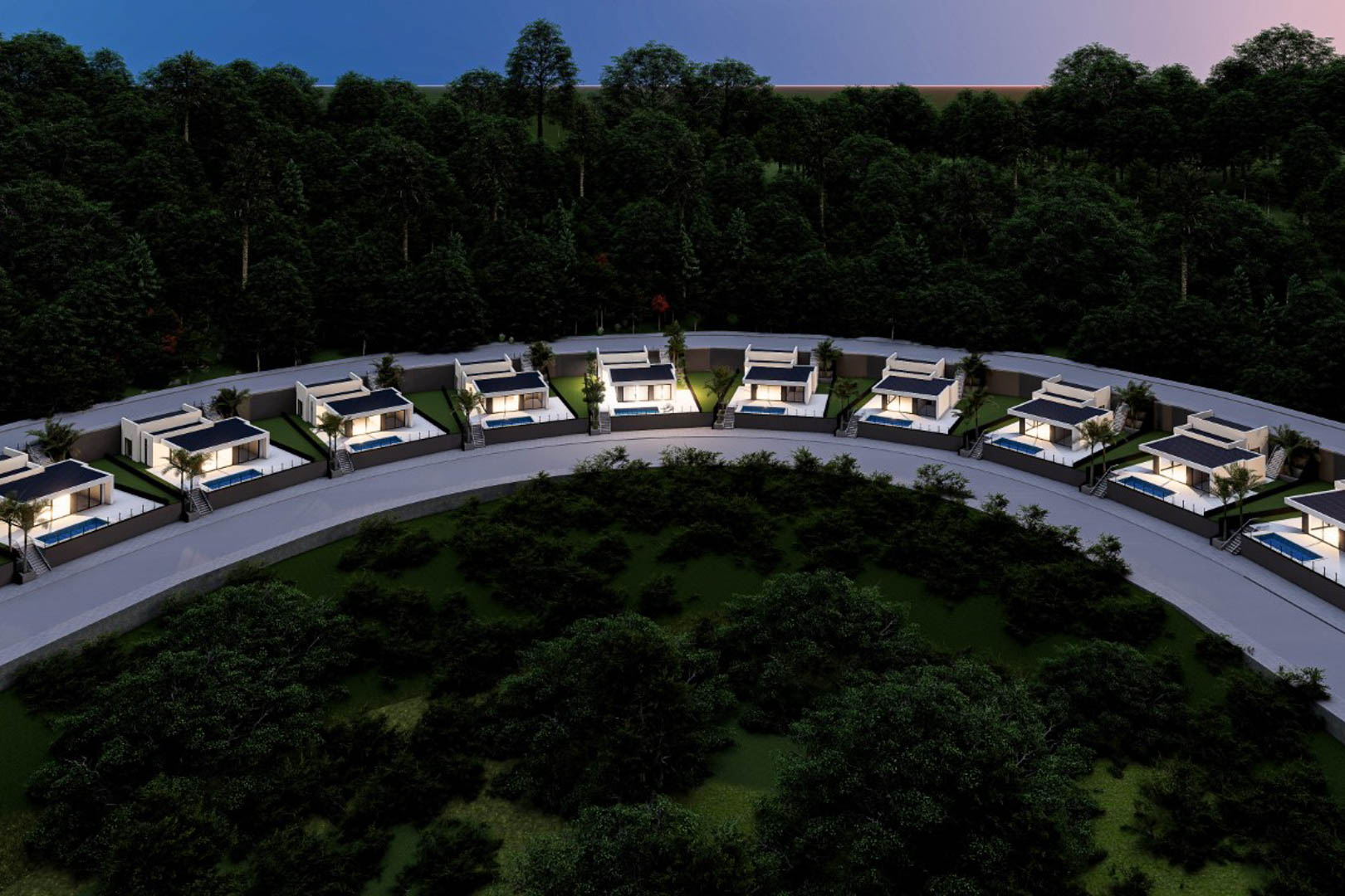 Aerial night view of the residential development in Monte Solana, featuring a curved row of modern villas with private pools nestled in a lush forest setting.
