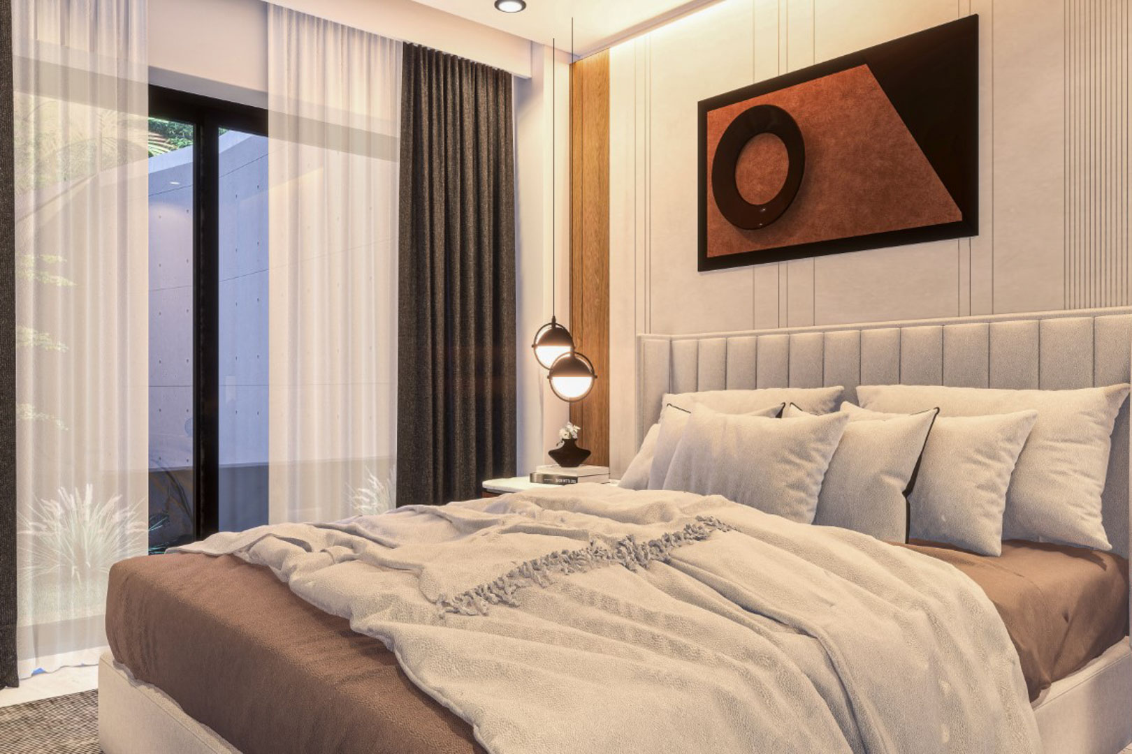 Contemporary bedroom featuring a vertical-tufted headboard, spherical pendant lights, and floor-to-ceiling glass doors with layered curtains.