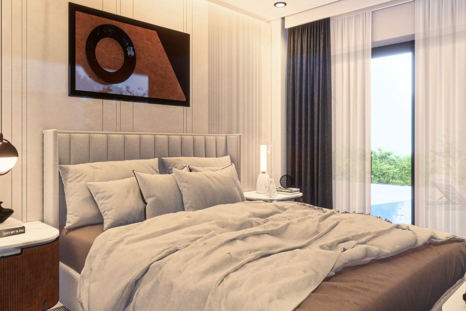 Contemporary bedroom featuring a vertical-tufted headboard, wood-paneled walls, and floor-to-ceiling glass doors opening towards the private pool and garden area.