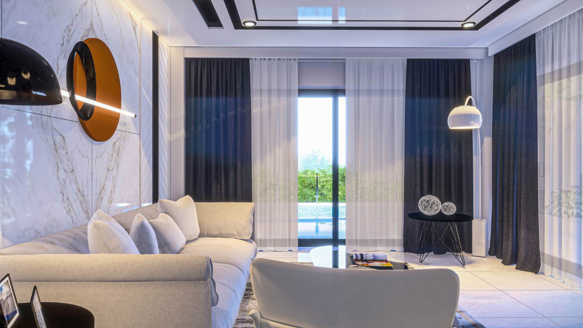 Contemporary living room featuring neutral sofas, a marble-effect accent wall, and floor-to-ceiling glass doors opening directly to the pool area and garden.