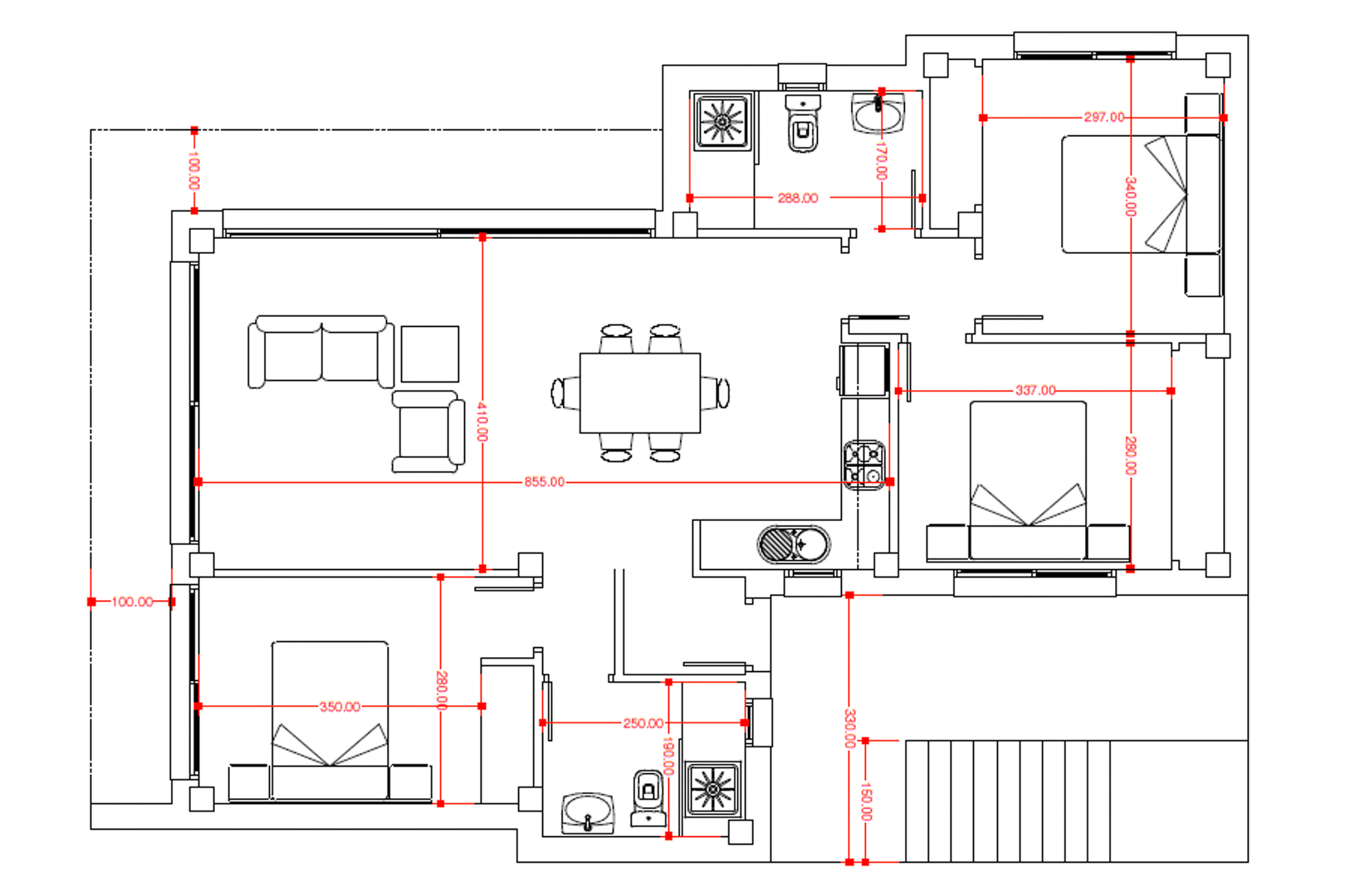 Detailed technical floor plan of the villa illustrating the layout of three bedrooms, two bathrooms, and a spacious open-plan living and dining area with precise dimensions.