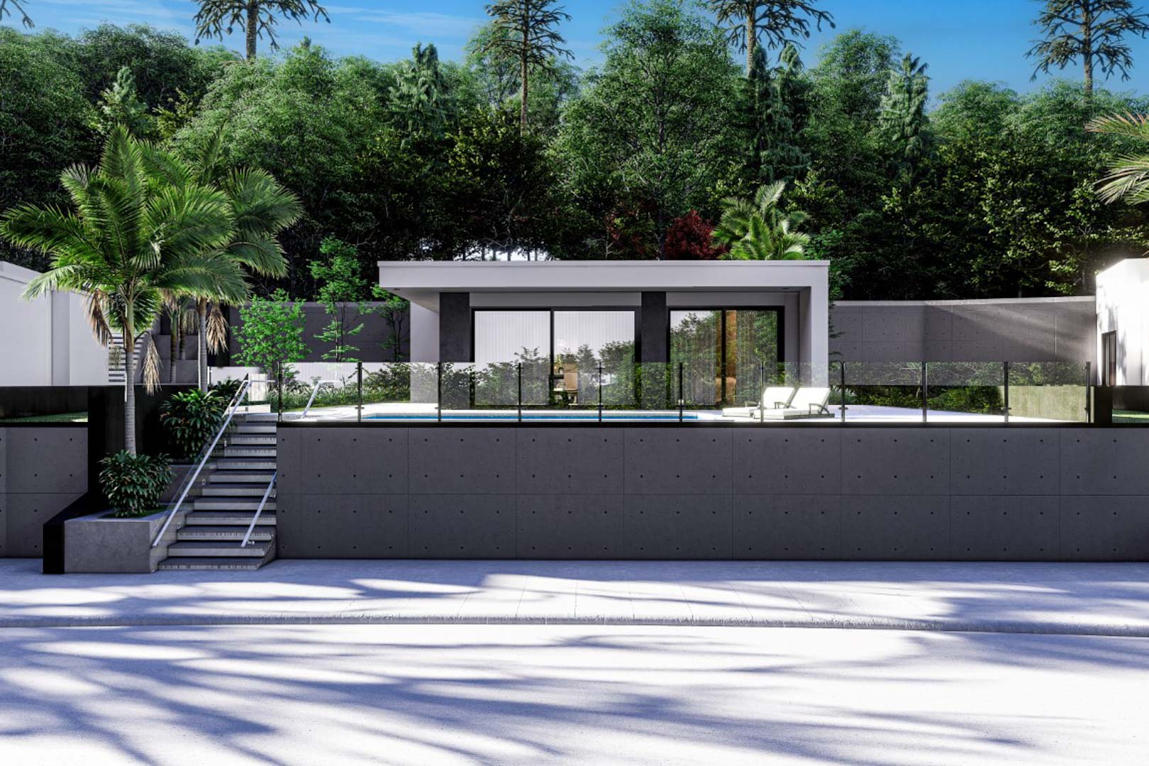 Exterior view of the modern villa featuring a white and grey facade, an elevated pool with glass railings, and a minimalist concrete retaining wall.