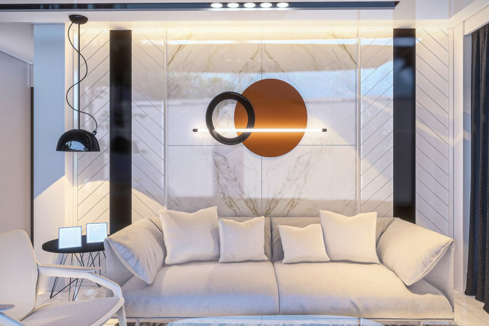 Living area featuring a neutral-toned sofa against a marble-effect wall with geometric paneling. A modern circular light fixture and recessed lighting enhance the room.