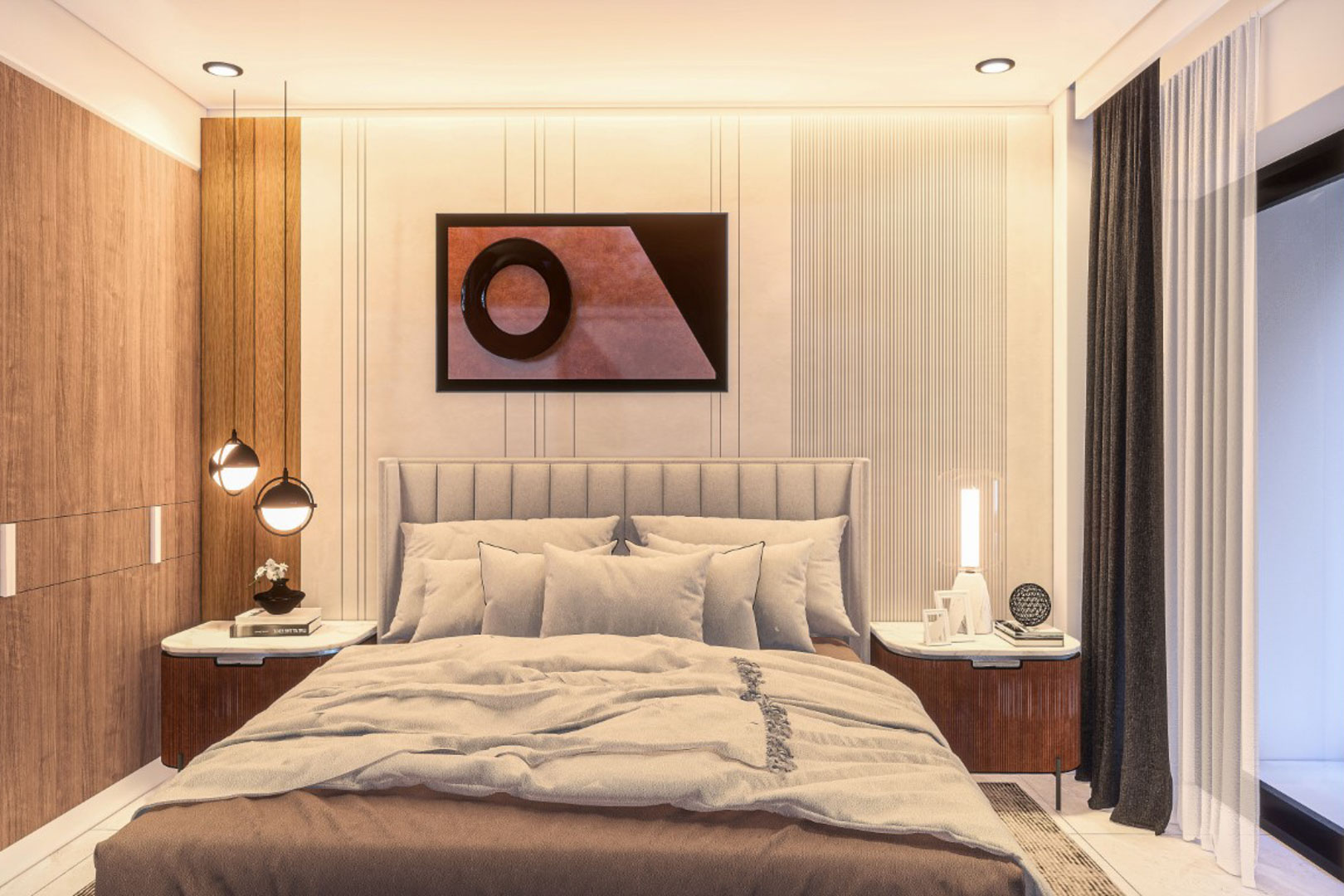 Master bedroom featuring an upholstered headboard, integrated wood paneling, and a textured accent wall with modern pendant lighting and marble-topped nightstands.