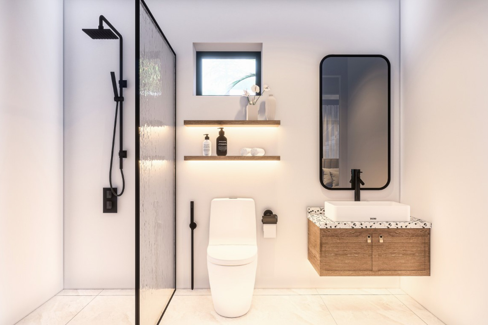 Modern bathroom featuring a walk-in shower with black hardware, a floating wooden vanity, and recessed LED-lit shelving.