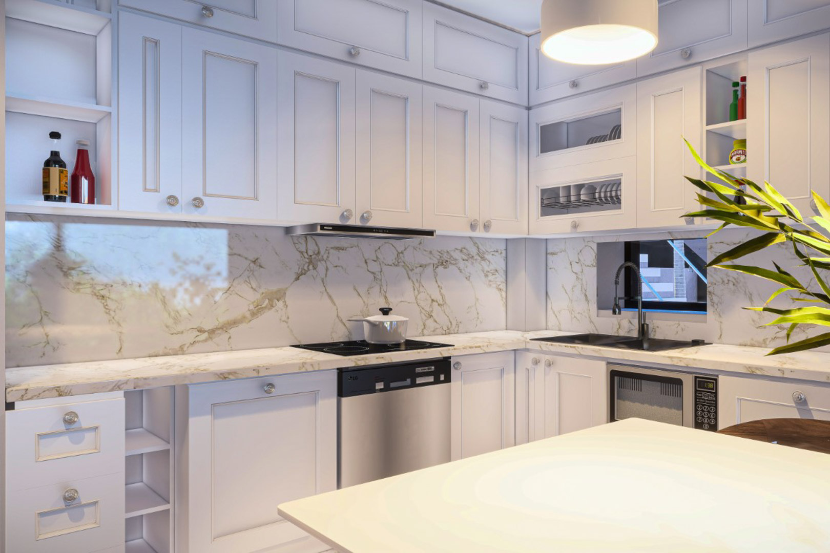 Modern kitchen featuring white shaker-style cabinetry, veined granite countertops, and matching backsplash. Includes a black sink and integrated stainless steel appliances.