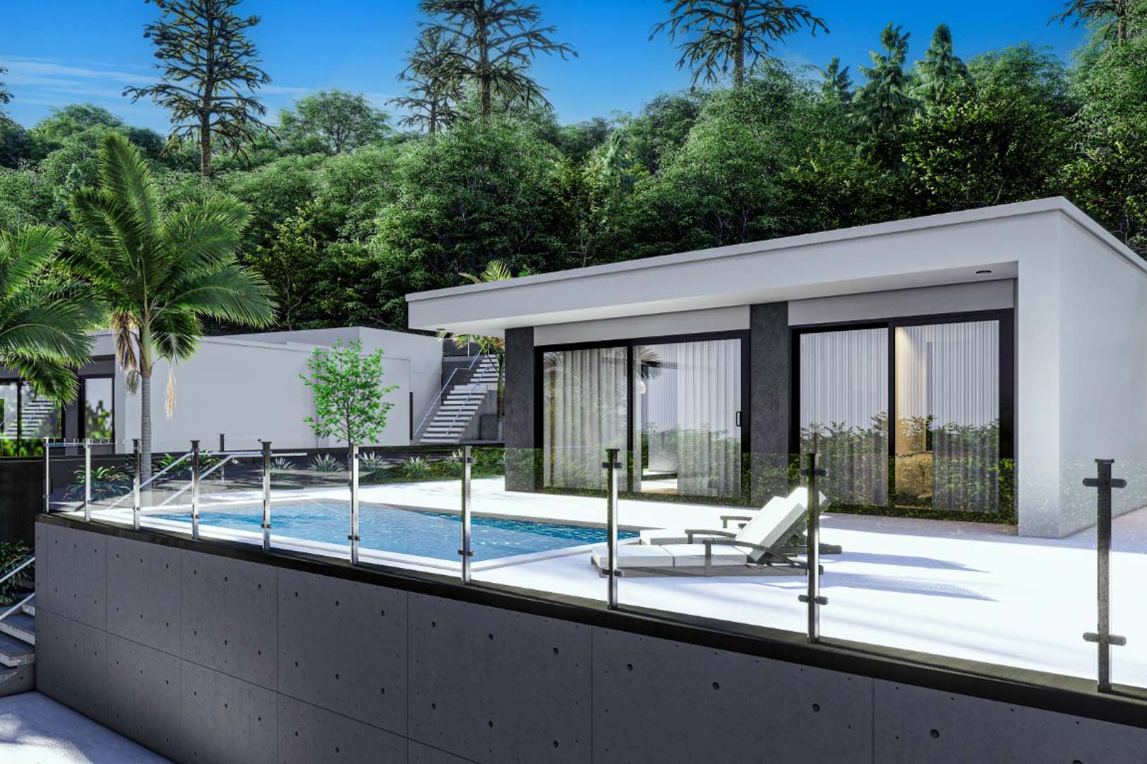 Modern villa facade featuring large sliding glass doors, a white terrace with a private pool, and glass railings, set against a lush Mediterranean forest backdrop.