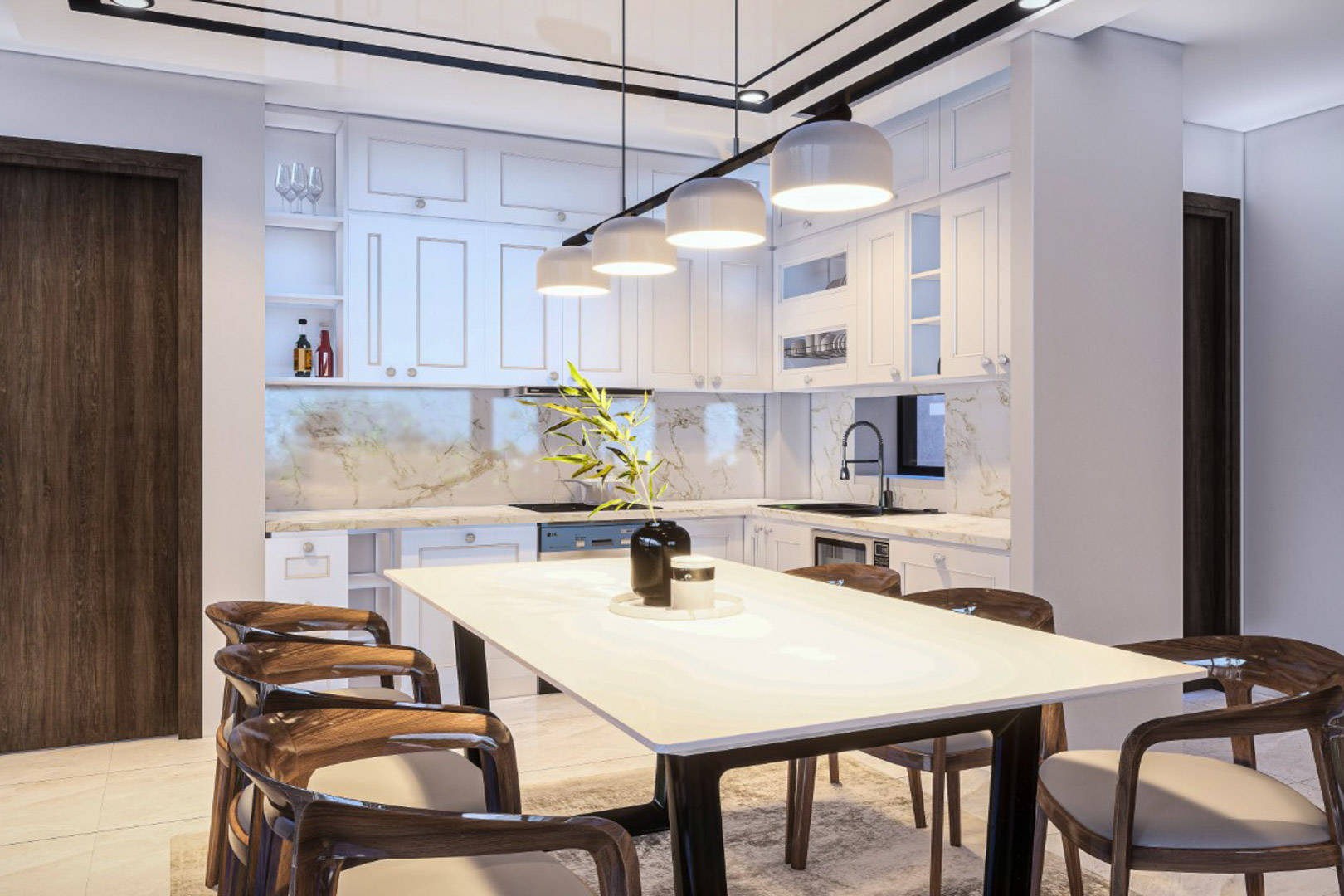 Open-concept kitchen featuring white cabinetry, veined stone surfaces, and a dining area with designer wooden chairs and contemporary pendant lighting.