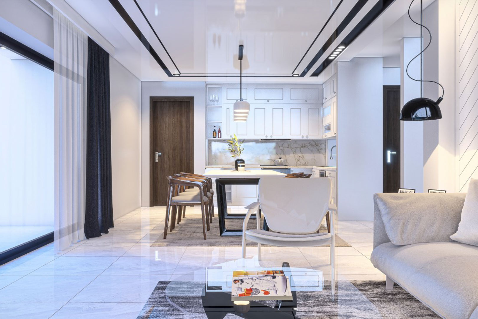 Open-plan living and dining area featuring marble-effect flooring, a modern white kitchen with integrated appliances, and recessed ceiling lighting with black accents.