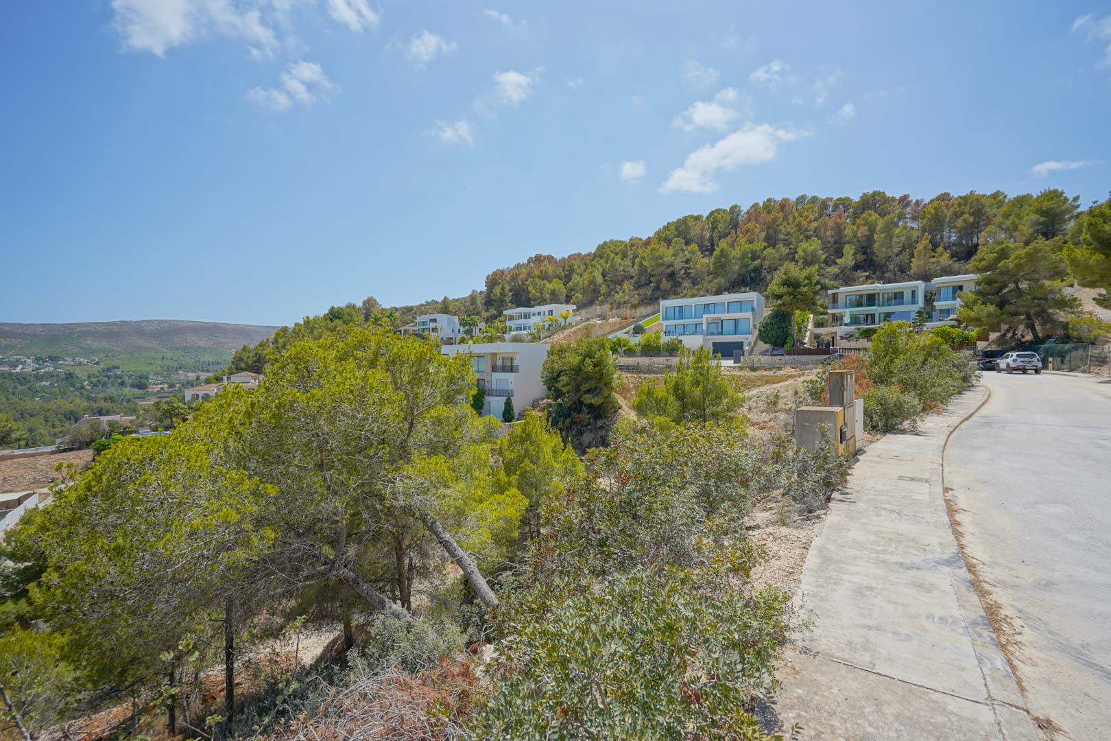 View of the paved access road and sidewalk with utility connections, showcasing the sloped terrain and modern villas nestled in the pine forest.
