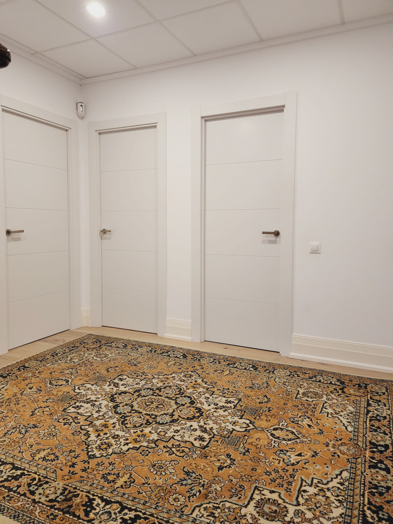 Hallway featuring three modern white doors with horizontal detailing, recessed ceiling lighting, and a traditional patterned rug over light wood flooring.
