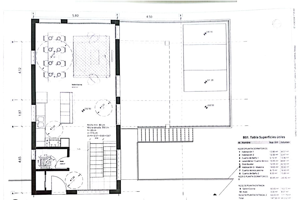 Technical floor plan of the entrance level showing the 60 sqm open-plan living and kitchen area, guest toilet, and the expansive terrace with pool.