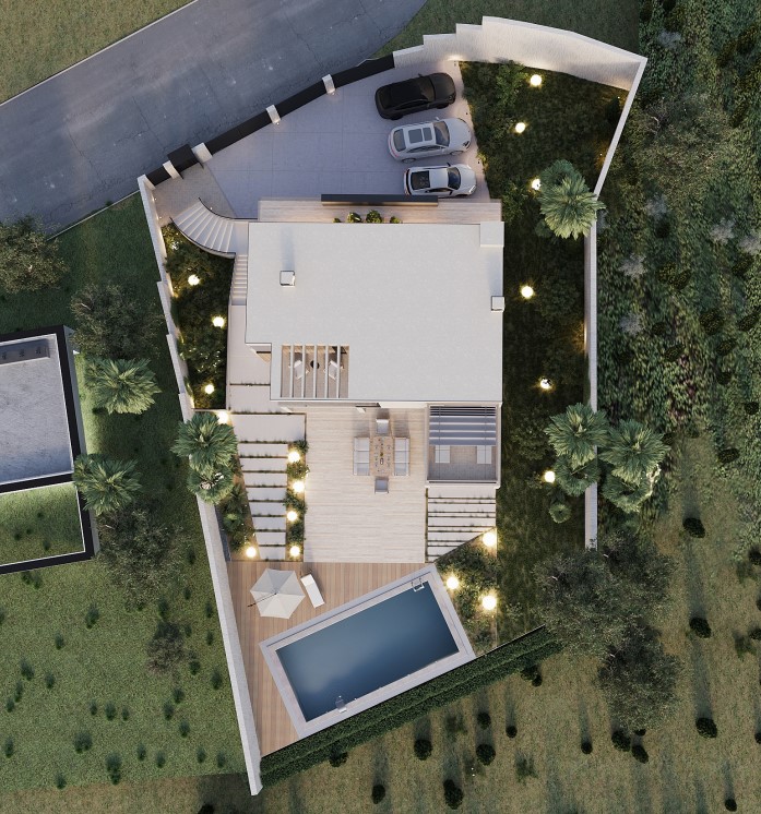 Aerial view of modern villa featuring pool, wood terrace and private parking in Calpe.