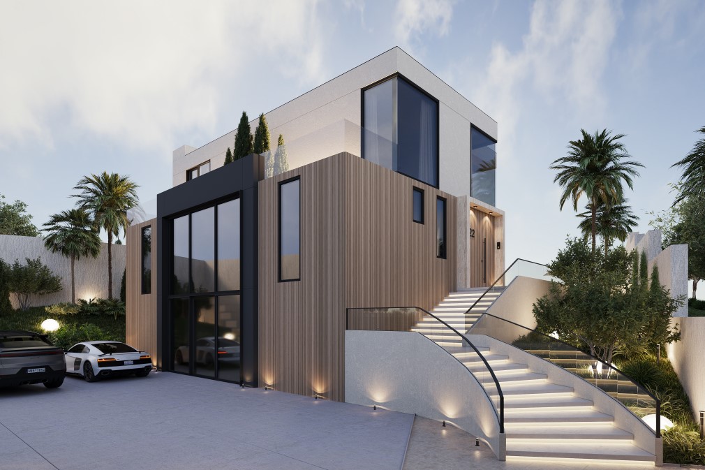 Exterior view of a modern villa featuring a wood facade, illuminated stepped access, and tropical landscaping.