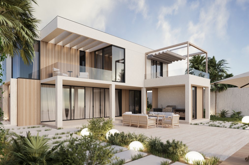 Modern exterior with terrace and landscaped garden featuring ambient lighting.