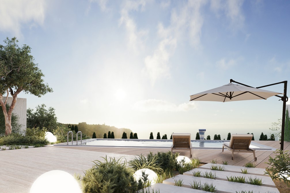 Pool view with sun loungers and umbrella, surrounded by Mediterranean greenery and spherical ambient lighting.