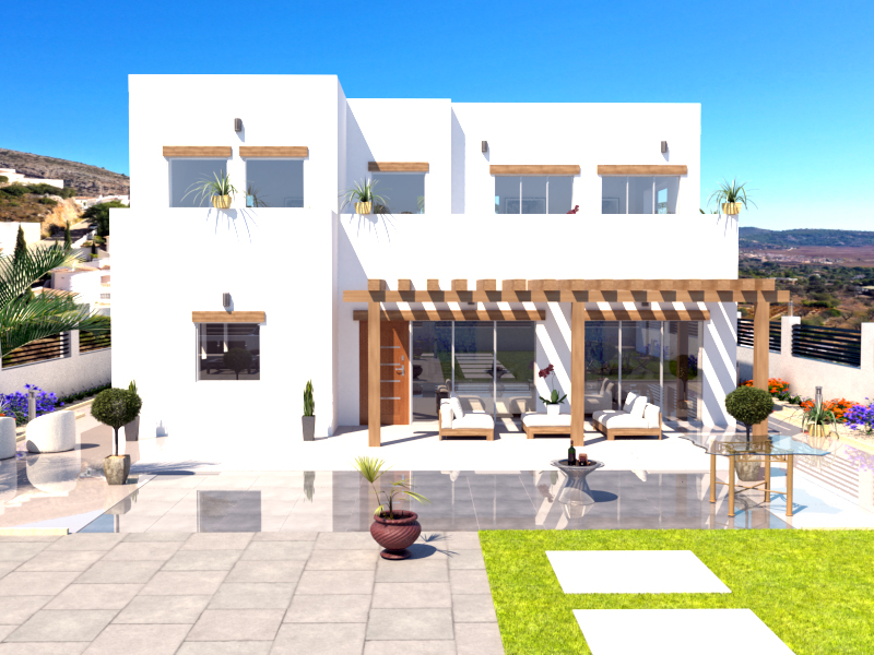 Exterior render of a modern two-story white villa featuring a wooden pergola, spacious tiled terrace with lounge seating, and panoramic valley views.