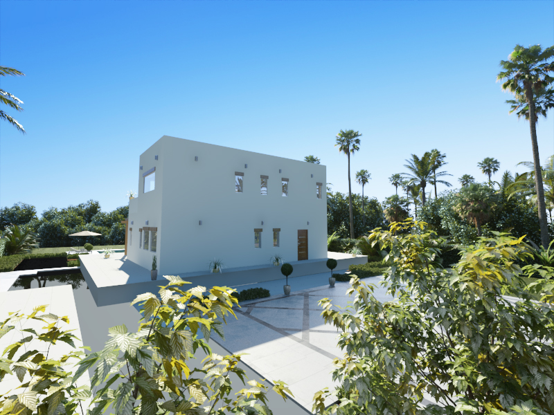 Exterior rendering of the modern villa featuring a white facade, minimalist windows, and a paved driveway bordered by palm trees and lush greenery.