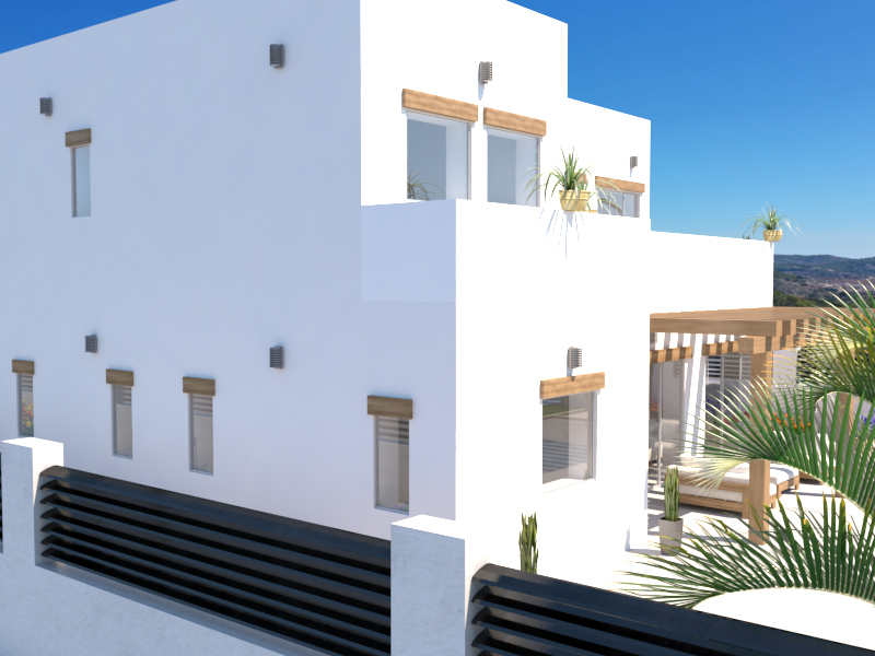 Exterior rendering of the modern villa featuring a white facade, wooden window lintels, and a wooden pergola over the outdoor lounge area.