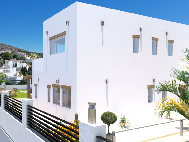 Exterior view of a modern white cubic villa featuring rectangular windows with wooden accents, wall-mounted lighting, and black slat fencing.