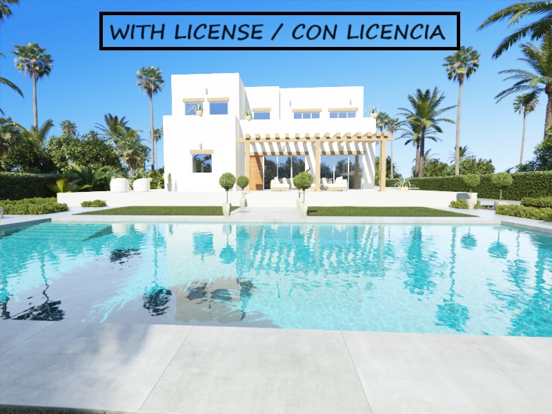 Exterior view of the modern white villa featuring a large swimming pool, wooden pergola terrace, and landscaped gardens with palm trees.