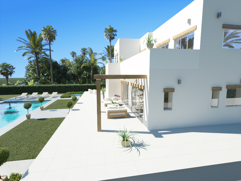 Exterior view of the modern white villa featuring a spacious tiled terrace with a wooden pergola, lounge area, and a swimming pool set amidst manicured gardens.